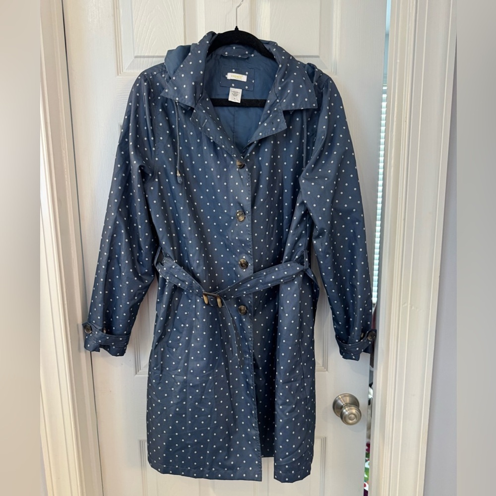 Capelli Women's Water Resistant Rain Trench Coat ~ Blue Polka Dot size M - Picture 2 of 10